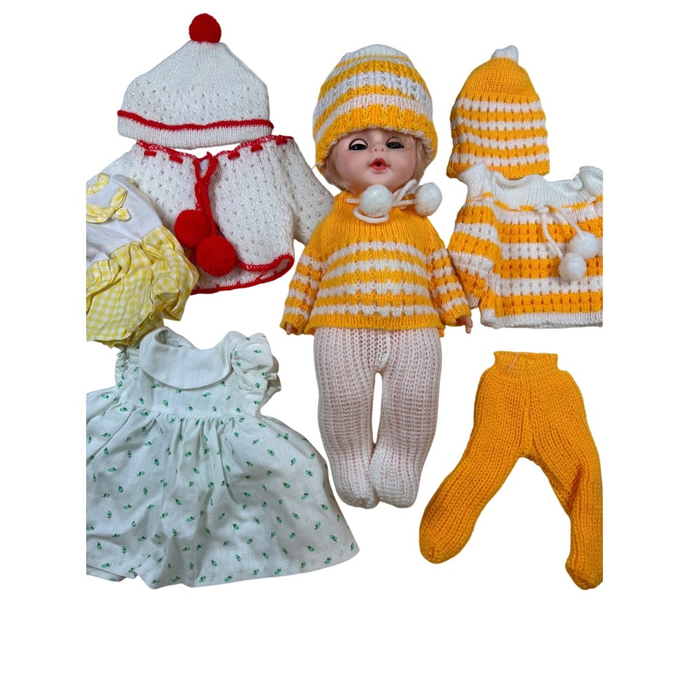 Vintage Baby Doll with Handmade Knit Outfits and Floral Dresses‎ 12 Inch Set